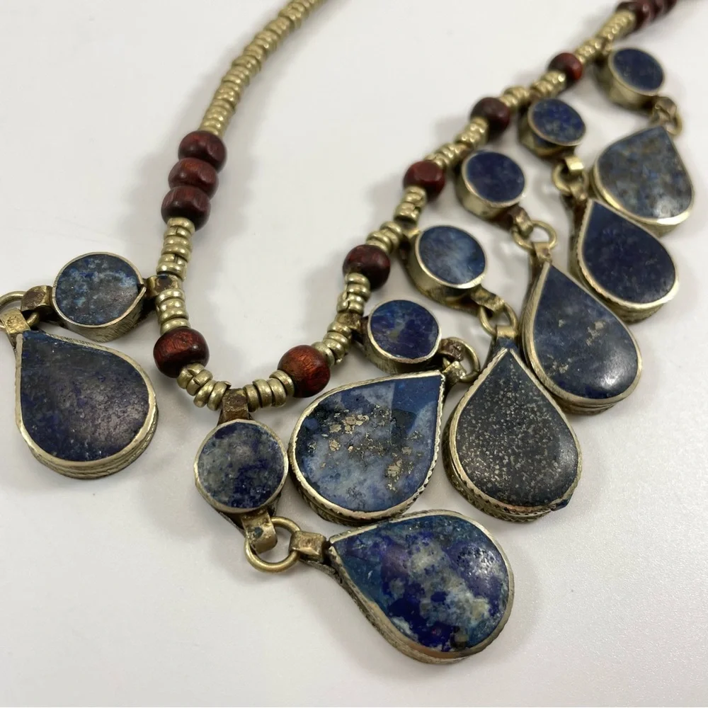 VINTAGE TRIBAL AFGAN 1970'S LAPIS LAZULI SILVER TONE NECKLACE WITH TEAR DROPS
